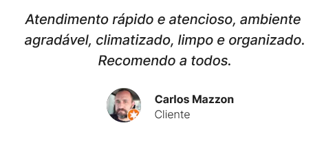 Depoimento de Carlos Mazzon, cliente, elogiando atendimento e ambiente.