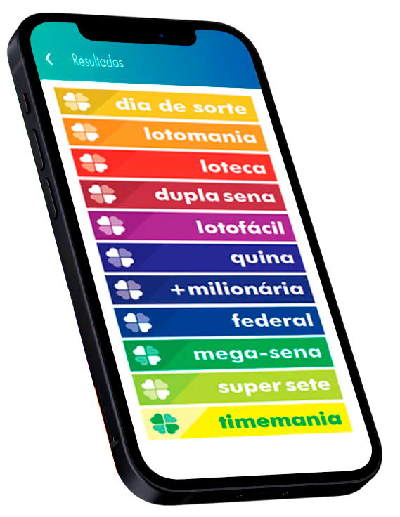 Tela de celular com resultados de loterias como Mega-Sena e Lotofácil