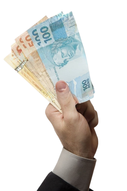 Mão segurando notas de 100 reais e 50 reais do Brasil